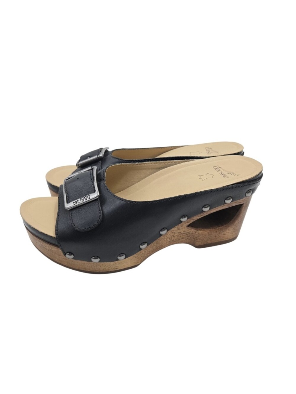 Dansko Adeline Black Leather Studded Wooden Clog Mules - Picture 4 of 14